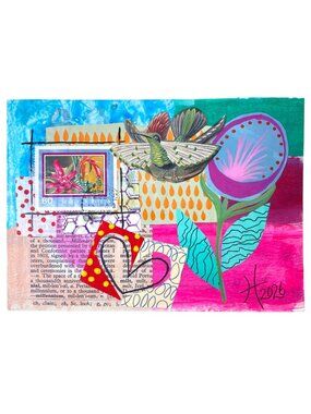 Love for the Exotic Original Art Collage Painting Bromeliad Hungary Stamp 5x7in
